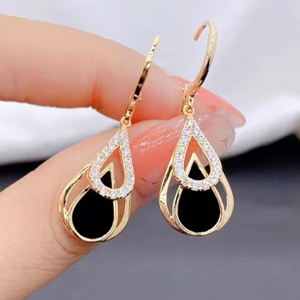 Gold Crystal Open Teardrop Dangle Hoop Earrings Black Enamel Drop Pendant Charm